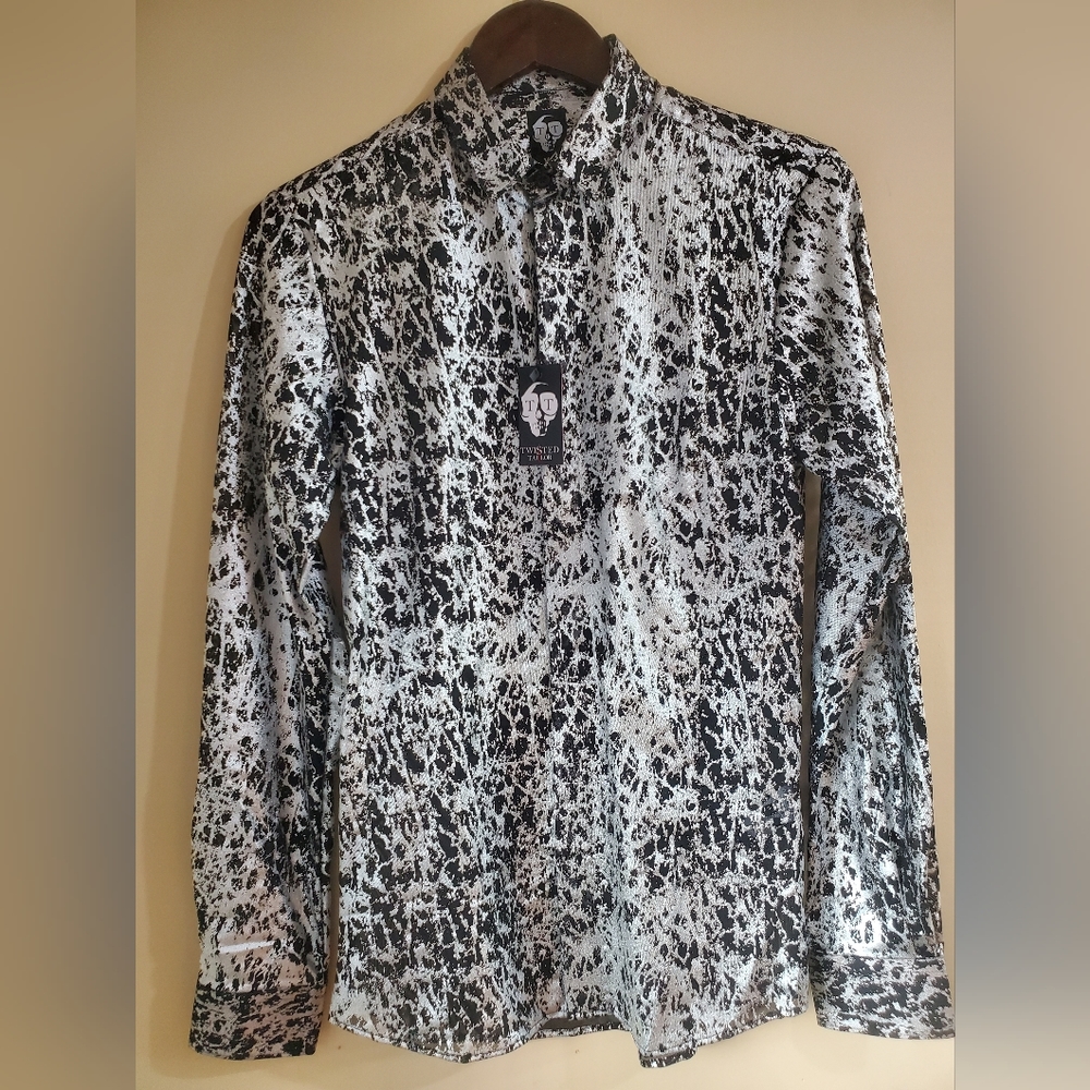 Twisted Tailor button up shirt in shiny silver and black